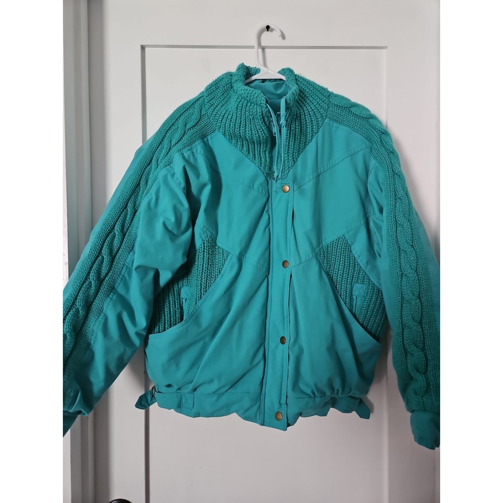 Vintage 80s Hot Spices Teal Mixed Media Knit Bomber‎ Jacket - Size M